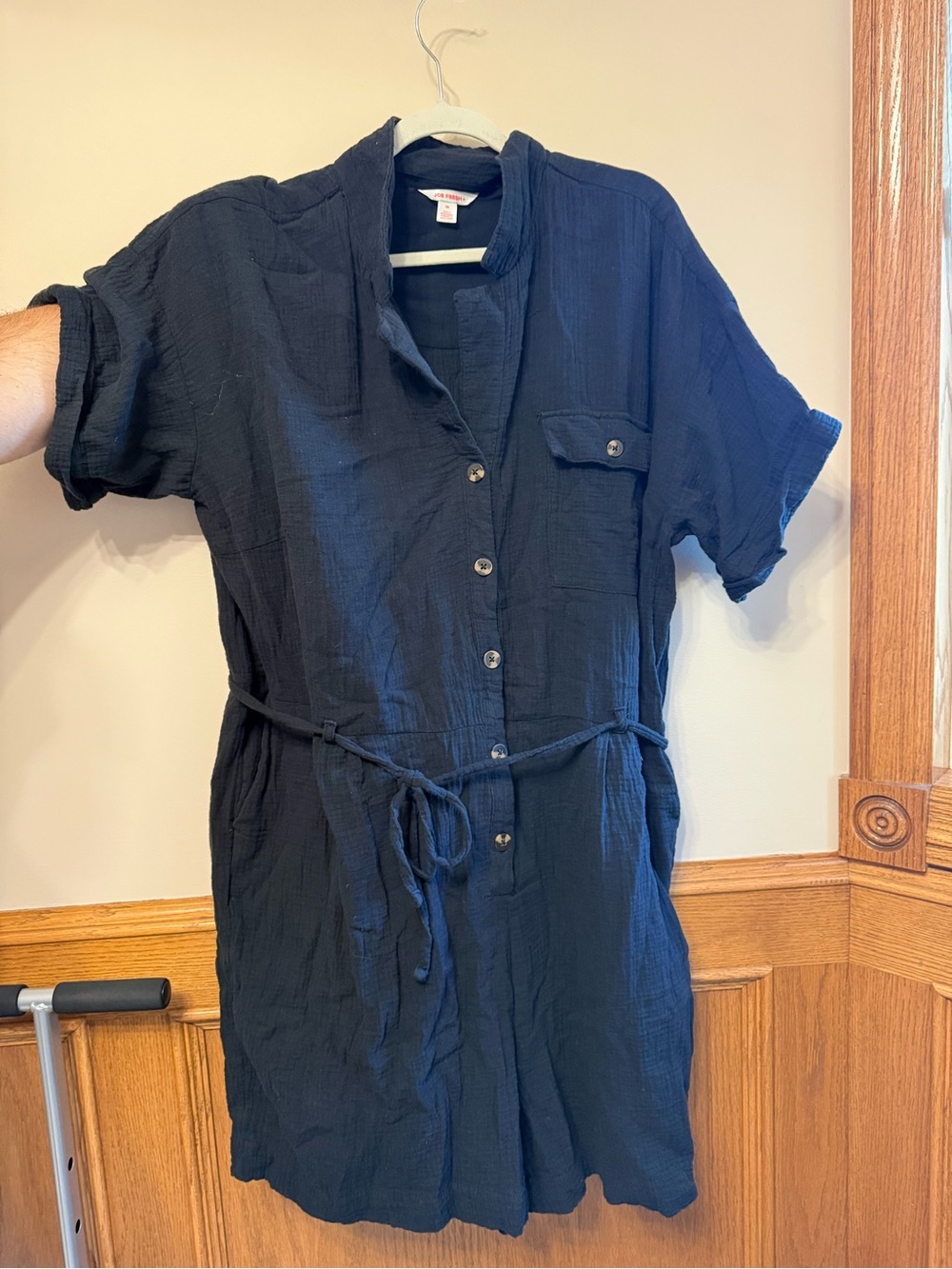 Joe Fresh black cotton Button-Front jumpsuit with Waist Tie
